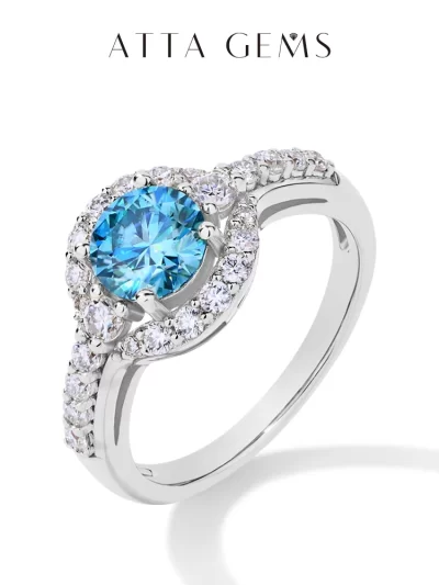 ATTA GEMS 1.0CT Round Cut Blue Moissanite Ring 18K Gold Plated Engagement Ring
