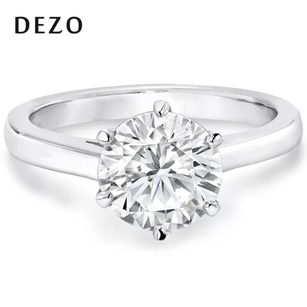 DEZO Classic Six Prongs Round Cut 2ct Solitaire Moissanite Engagement Ring