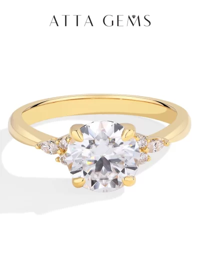 ATTA GEMS Round Cut 2.0CT Moissanite 14K Yellow Gold Engagement Ring